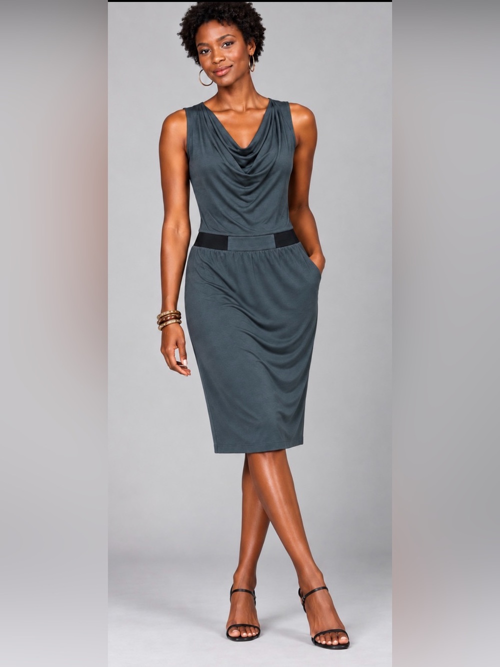 Lilla P. Sleeveless Cowl Neck Sheath Dress in Slate Gray in Sift Jersey Knit - M